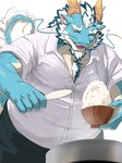 anthro belly blue_body blush bowl container eyebrows food hair heart_symbol horn male mature_male overweight rice solo tail thick_eyebrows white_hair akishogimi lifewonders mythology tokyo_afterschool_summoners qinglong_(tas) dragon mythological_creature mythological_scalie scalie 2024 3:4 hi_res