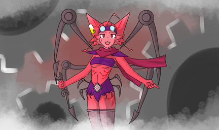 clothing ear_piercing eyewear eyewear_on_head female goggles goggles_on_head hair legwear piercing plumtific purple_clothing ranged_weapon red_body red_eyes scarf smile solo weapon isi_avalibot humanoid hi_res