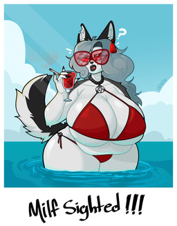 aged_up anthro beach beverage big_breasts big_tail bikini bikini_bottom bikini_top black_lips black_lipstick black_nails breasts cigarette clothing collarbone colored_nails eyeshadow eyewear female gem glasses glistening glistening_body grey_hair hair holding_beverage holding_cigarette holding_object huge_breasts hyper hyper_breasts light lips lipstick long_hair makeup mature_female nails navel occult_symbol overweight overweight_anthro overweight_female pentagram picture_frame piercing question_mark red_bikini red_clothing red_eyewear red_glasses red_piercing red_sclera red_swimwear ruby_(gem) sea shadow sky skyscape smoke solo string_bikini sunlight swimwear symbol tail text thick_thighs torn_ear triangle_bikini two-piece_swimsuit under_boob water white_body catboyz hellaverse helluva_boss mythology loona_(helluva_boss) canid canid_demon canine demon hellhound mammal mythological_canine mythological_creature artist_name hi_res signature