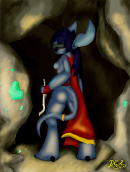 blindfold blue_body blue_skin bodily_fluids clothed clothing dagger dripping female genital_fluids genitals long_tail looking_at_viewer melee_weapon partially_clothed presenting smile smirk solo tail vaginal_fluids vulva weapon petresko disney lilo_and_stitch alien experiment_(lilo_and_stitch) monster hi_res