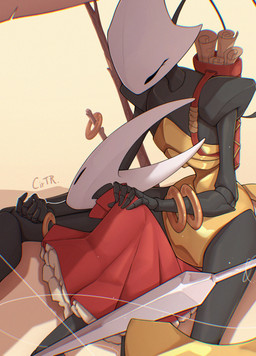 antennae_(anatomy) anthro black_body black_exoskeleton cloak clothing duo exoskeleton female female/female hand_holding hand_on_shoulder lying melee_weapon red_cloak red_clothing sitting weapon cirtierest hollow_knight:_silksong hollow_knight_(franchise) team_cherry hornet_(hollow_knight) shakra_(hollow_knight:_silksong) arthropod insect absurd_res chromatic_aberration hi_res