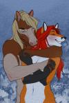 anthro blonde_hair breasts duo eyes_closed female hair hand_holding hug hugging_another hugging_from_behind interlocked_fingers long_hair male navel nude red_hair smile tongue lbproductions aeril_(helios) chev_(helios) canid canine equid equine fox horse mammal red_fox true_fox 2017 2:3 digital_media_(artwork) hi_res