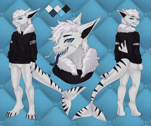 abstract_background anthro barbel_(anatomy) blue_eyes bottomless clothed clothing cropped_hoodie digitigrade featureless_crotch flesh_whiskers forked_tongue fur looking_at_viewer male rivren_(missourikansastexas) shark_fin shark_tail solo tongue white_body white_fur tishka_069 mythology dragon eastern_dragon fish furred_dragon furred_scalie hybrid marine mythological_creature mythological_scalie scalie shark 6:5 hi_res model_sheet