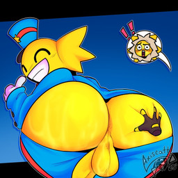 backsack balls blush bodily_fluids butt butt_grab clothing duo genitals gesture gloves hand_gesture hand_on_butt handwear male male/male mascot penis penis_hanging permanent_smile sweat thumbs_up white_clothing white_gloves white_handwear yellow_body axiscatt epic_games fortnite sunspot_(fortnite) wonkee_(fortnite) humanoid 1:1