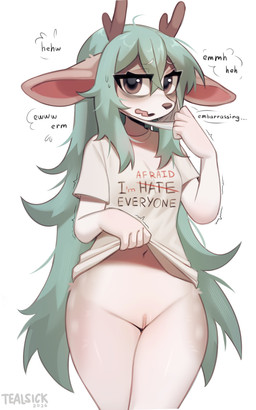 anthro antlers big_ears big_eyes bottomless bottomless_female brown_body brown_fur clothed clothing clothing_lift eye_bags female front_view fur genitals green_hair hair horn long_hair mask shirt shirt_lift solo standing t-shirt text text_on_clothing text_on_shirt text_on_topwear topwear vulva tealsick teal_(tealsick) deer mammal absurd_res english_text hi_res