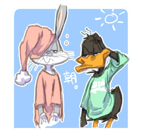 anthro clothing duo gloves handwear humanoid_hands male sun white_clothing white_gloves white_handwear popcublove looney_tunes warner_brothers bugs_bunny daffy_duck anatid anseriform avian bird duck lagomorph mammal