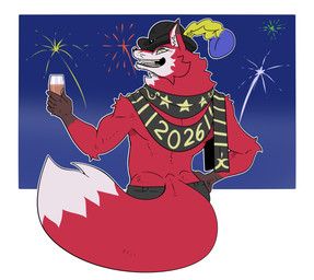 anthro bowler_hat clothed clothing fangs fireworks fur glass hand_on_hip hat hat_feather head_turned headgear headwear holding_glass holding_object holidays inner_ear_fluff looking_at_viewer loose_feather male open_mouth rear_view scarf smile smiling_at_viewer solo tail teeth tongue topless topless_anthro topless_male tuft whiskers reagan700 new_year new_year_2026 louis_velvet canid canine fox mammal 2026 hi_res