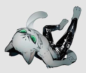 3_toes anthro arm_tuft barefoot bent_arm bent_leg black_bottomwear black_claws black_clothing black_eyebrows black_nose black_pants bottomwear cheek_tuft claws closed_smile clothed clothed_anthro clothed_male clothing elbow_tuft eyebrows facial_tuft feet finger_claws fingers fur fur_tuft glistening glistening_bottomwear glistening_clothing glistening_pants green_eyes green_sclera grey_body grey_claws grey_fur grey_tuft high-angle_view iris kemono legs_up long_tail looking_at_viewer looking_up looking_up_at_viewer lying male monotone_background monotone_body monotone_bottomwear monotone_clothing monotone_fur monotone_pants mouth_closed narrowed_eyes on_back pants plantigrade pose pupils shoulder_tuft simple_background slim slim_anthro slim_male slit_pupils smile smiling_at_viewer smirk smirking_at_viewer smug solo straight_leg tail tan_inner_ear three-quarter_view toes topless topless_anthro topless_male tuft white_background kirinlabi domestic_cat felid feline felis mammal 2026 full-length_portrait hi_res korean_description portrait shaded