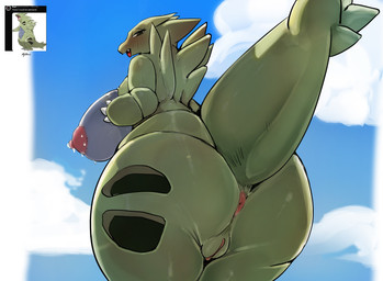 anthro anus big_breasts big_butt bodily_fluids breasts butt cloud female female_anthro genitals green_body huge_breasts huge_butt lactating looking_at_viewer looking_back looking_back_at_viewer nipples non-mammal_breasts pokemorph presenting presenting_hindquarters raised_tail rear_view short_arms sky solo tail thick_tail tongue tongue_out vulva my700 nintendo pokemon generation_2_pokemon pokemon_(species) scalie tyranitar absurd_res hi_res