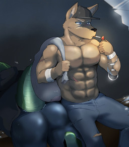 abs anthro baseball_cap black_clothing black_hat black_headwear black_hoodie black_nose black_topwear blue_eyes bottomwear broken_glass brown_body brown_fur carrying_another cigarette cigarette_in_mouth clothed clothing cuff_(restraint) duo fur glass green_body green_scales handcuffs hat headgear headwear hoodie lighter male metal_cuffs muscular muscular_anthro muscular_male object_in_mouth pants restraints sack scales scar shackles shoulder_carry sports_tape topless topless_male topwear torn_bottomwear torn_clothing torn_pants orangetaming league_of_legends riot_games tencent nasus_(lol) renekton alligator alligatorid anubian_jackal canid canine canis crocodile crocodilian jackal mammal reptile scalie hi_res brother_(lore) brothers_(lore) sibling_(lore)
