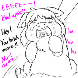 abuse ambiguous_gender ambiguous_human animal_abuse bodily_fluids color_coded_text crotch_breasts crying dialogue duo female female_feral feral hooves lifting_another mostly_offscreen_character open_mouth pink_text profanity screaming solo_focus tears text young young_female young_feral yellowcottoncandy030 fluffy_pony fluffy_pony_(species) human mammal 1:1 2025 broken_language comic digital_drawing_(artwork) digital_media_(artwork) english_text hi_res