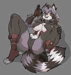 anthro chest_tuft clothed clothing female fingerless_gloves gloves hair handwear legwear looking_at_viewer lying on_back simple_background solo spread_legs spreading tuft sozokuu fenavi_(rikka_6669) mammal procyonid raccoon