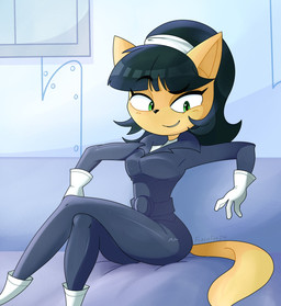 accessory anthro black_hair boots clothed clothing crossed_legs eyebrows female footwear furniture green_eyes hair hair_accessory hairband high_heeled_boots high_heels inside leather leather_clothing looking_at_viewer loves raised_eyebrow shoes sitting smile sofa solo tan_body flashfox24 nickelodeon t.u.f.f._puppy kitty_katswell domestic_cat felid feline felis mammal 2025 colored digital_media_(artwork) hi_res shaded signature