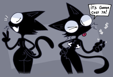4_fingers anthro bar_emanata black_breasts black_butt black_ears black_eyes black_inner_ear black_tail black_text black_tuft breast_tuft breasts butt butt_pose cheek_tuft cross_pasties crotch_tuft dark_body dark_butt dark_ears dark_fur dark_inner_ear dark_tail emanata exclamation_point facial_tuft female fingers flesh_fang fur gesture glistening glistening_butt grey_background grey_line_art hand_gesture hand_on_hip hand_on_own_hip leaning_hips looking_at_viewer looking_back looking_back_at_viewer medium_breasts money_sign one_eye_closed open_mouth open_smile pasties pink_tongue pose pupils rectangular_speech_bubble simple_background slit_pupils small_waist smile solo tail text tongue tongue_out tuft v_sign wasp_waist whiskers white_mouth white_pasties white_speech_bubble wide_hipped_anthro wide_hipped_female wide_hips thatkattyoinky ebony_whiskers domestic_cat felid feline felis mammal colored_line_art english_text