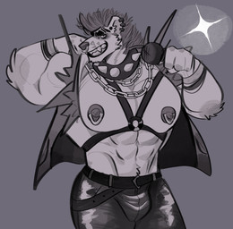 alternative_fashion anthro barazoku belt bracelet bulge chain_necklace clothed clothed_anthro clothed_male clothing collar ear_piercing electronics facial_piercing grey_background grin hair harness holding_microphone holding_object jacket jewelry male male_anthro microphone muscular muscular_anthro muscular_male necklace nipple_piercing nipples nose_piercing nose_ring piercing punk ring_piercing sharp_teeth simple_background smile solo sparkles spiked_collar spikes teeth topwear melaisen hyena mammal 2023 absurd_res digital_drawing_(artwork) digital_media_(artwork) hi_res monochrome portrait three-quarter_portrait