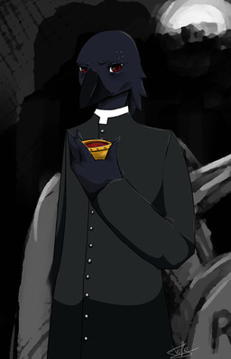 anthro beak biped black_body black_feathers blood bodily_fluids clothed clothing coat container cup dark feathers front_view full_moon holding_container holding_cup holding_object looking_at_viewer male moon red_eyes solo standing topwear fleufy stephanos_crow avian bird corvid corvus_(genus) crow oscine passerine
