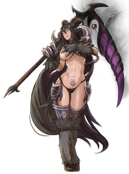 black_hair chain claws clothed clothing covering covering_self female hair hooves horn long_hair melee_weapon monster_girl_(genre) panties polearm scythe solo tattoo topless underwear weapon unknown_artist baphomet_(deity) animal_humanoid bovid bovid_humanoid caprine caprine_demon caprine_humanoid deity demon goat_demon goat_humanoid humanoid mammal mammal_humanoid source_request