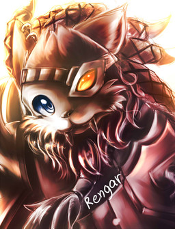 anthro armor big_fangs blue_eyes cheek_tuft dreadlocks ear_piercing ear_ring ears_back facial_tuft fangs fur glistening glistening_eyes grey_body grey_fur looking_at_viewer male mouth_closed piercing pivoted_ears ring_piercing simple_background solo teeth tuft kuttoyaki league_of_legends riot_games tencent rengar_(lol) felid lion mammal pantherine