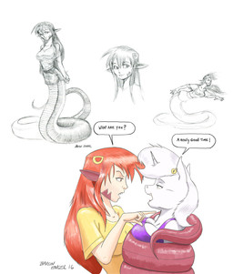 alternate_species anthro apode bottomwear breasts cleavage clothed clothing dialogue duo ear_piercing ear_ring female fur green_eyes hair horn legless monster_girl_(genre) open_mouth piercing red_body red_hair red_scales ring_piercing scales serpentine skirt split_form text unicorn_horn white_body white_fur white_hair yellow_eyes baron_engel monster_musume mythology miia_(monster_musume) petina_demouse draconcopode equid equine humanoid lamia mammal mythological_creature mythological_equine reptile scalie snake unicorn 2016 english_text hi_res traditional_media_(artwork)
