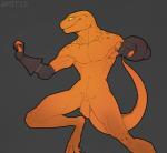 anthro claws clothed clothing digitigrade fingerless_gloves flaccid foreskin genitals gloves grey_background grin handwear humanoid_genitalia humanoid_penis long_foreskin male muscular muscular_anthro muscular_male orange_body orange_scales penis scales sharp_teeth simple_background smile solo spots teeth yellow_body yellow_eyes yellow_scales amit gecko lizard reptile scalie 2015