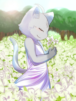 anthro clothed clothing crossdressing detailed_background dress eyes_closed femboy flower fur grey_body grey_fur holding_flower holding_object male plant solo sun tree young young_anthro hauhau_mg domestic_cat felid feline felis mammal 3:4