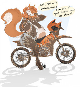 areola armor big_breasts boots breasts brown_body brown_fur clothing dialogue dirt_bike dirty footwear fur hair hair_over_eye half-closed_eyes headgear helmet huge_breasts mud_covered narrowed_eyes nipples overalls sagging_breasts shoes smile speech_bubble tan_areola tan_body tan_fur tan_nipples text dullvivid chelsey_chestnuts mammal rodent sciurid tree_squirrel english_text hi_res