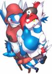 anthro big_breasts big_penis blue_penis blush breasts clothing duo erection genitals gynomorph high-angle_view humanoid_genitalia humanoid_penis intersex male navel open_mouth penis red_eyes red_penis simple_background white_background yellow_eyes sya nintendo pokemon team_aqua team_magma generation_3_pokemon latias latios legendary_pokemon pokemon_(species) hi_res