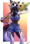 5_fingers anthro black_nose bottomwear breasts clothed clothing denim denim_bottomwear denim_clothing denim_shorts female fingers navel purple_eyes shorts solo shumey canid canine mammal 2020 digital_media_(artwork) hi_res