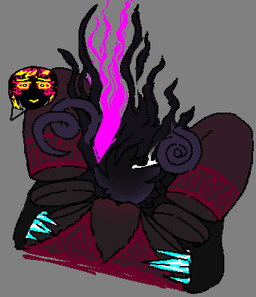 1_eye antennae_(anatomy) asymmetrical_horns black_hair claws clothing cunnilingus featureless_face female female/female flustered genitals hair horn imminent_cunnilingus imminent_oral lingerie oral purple_body red_body red_hair sex speech_bubble thoughtform vaginal vulva yellow_eyes tellsludge corru.observer bsteli_(corru.observer) wakizet_(corru.observer) alien humanoid obesk