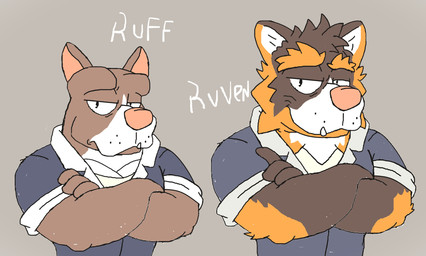 anthro brown_body brown_fur duo fur grey_background male orange_body orange_fur simple_background fake_voff ruff_bull ruven_cruzado akita american_akita canid canine canis domestic_dog mammal pit_bull spitz absurd_res hi_res