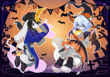 big_ears black_hair clothed clothing duo female hair holidays white_hair pune halloween 14_(character) yunuo_(character) felid humanoid lagomorph leopard leporid mammal pantherine rabbit absurd_res digital_media_(artwork) hi_res