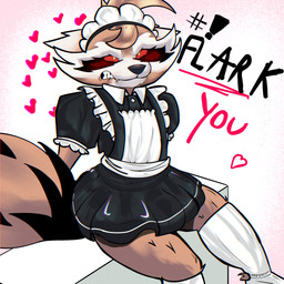 angry anthro blush bottomwear brown_body brown_fur clothed clothing crossdressing crossdressing_male embarrassed fur heart_symbol legwear looking_at_viewer maid_headdress maid_uniform male red_eyes skirt solo stockings uniform kingclawth0rne guardians_of_the_galaxy marvel marvel_rivals rocket_raccoon mammal procyonid raccoon 1:1 hi_res