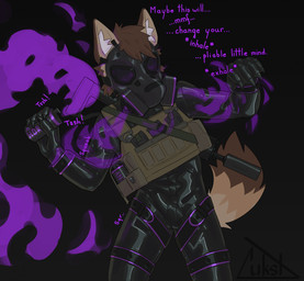 anthro black_bodysuit black_clothing black_latex black_skinsuit bodysuit brown_body brown_fur bulge claws clothing combat_vest dialogue ear_tuft fur gas_canister gas_grenade gas_mask gun head_tuft latex latex_bodysuit latex_clothing latex_skinsuit male mask purple_gas ranged_weapon silencer simple_background skinsuit smoke_grenade solo sound_effects tail talking_to_viewer text tight_clothing tuft weapon wearing_mask lukst karr_(lukst) canid canine canis domestic_dog mammal english_text hi_res