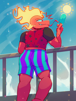 abs anthro bottomwear clothing dessert fire flaming_hair food ice_cream leaning licking looking_back male muscular muscular_anthro muscular_male popsicle pseudo_hair railing sharp_teeth sky solo sun teeth tongue tongue_out topwear dinxiemintie felix_(dinxiemintie) absurd_res hi_res