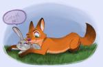 2016 canid canine dialogue disney duo english_text female feral feralized fox fur green_eyes grey_body grey_fur judy_hopps lagomorph leporid licking male mammal nick_wilde nude one_eye_closed orange_body orange_fur orangeandbluecream purple_eyes rabbit red_fox size_difference speech_bubble text tongue tongue_out true_fox whiskers wink zootopia