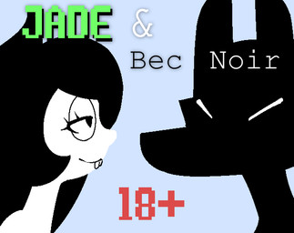 black_body black_fur black_hair buckteeth duo eyewear fur glasses hair pixelated simple_background teeth text title white_body white_eyes uglycoal homestuck ms_paint_adventures bec_noir jade_harley comic cover cover_art cover_page digital_drawing_(artwork) digital_media_(artwork) english_text shaded simple_shading