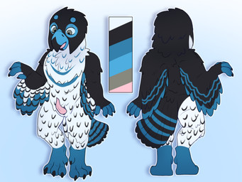 animal_genitalia anthro black_body black_feathers blue_body blue_feathers erection feathered_wings feathers genital_slit genitals male penis solo tapering_penis white_body white_feathers wings young young_anthro young_male unknown_artist sqibbessit avian bird falcon falconid 4:3 hi_res model_sheet