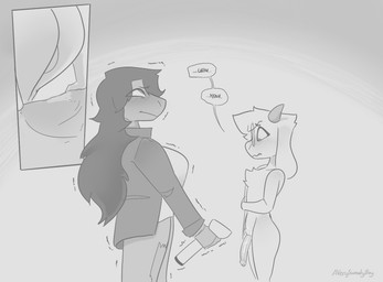 anthro balls blush blush_lines bottomwear breasts clothed clothing dialogue duo ellipsis embarrassed eyewear female femboy foreskin fur genitals getting_up glasses hair holding_arm holding_object horn long_hair looking_away male non-mammal_breasts nude pants penis torn_bottomwear torn_clothing torn_pants averysweatyboy deltarune undertale_(series) ralsei susie_(deltarune) bovid caprine darkner goat mammal reptile scalie comic