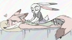 anthro clothed clothing dipstick_ears dipstick_tail duo ear_markings eyes_closed female fur grey_body grey_fur heart_symbol lying male markings massage multicolored_ears on_front orange_body orange_fur scut_tail short_tail tail tail_markings rarewhoroastbeast_(artist) disney zootopia judy_hopps nick_wilde canid canine fox lagomorph leporid mammal rabbit red_fox true_fox 16:9 2016 widescreen