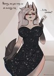 = anthro big_breasts black_clothing black_dress bottomwear breasts butt claws clothed clothing collar dress ear_piercing ear_ring eyebrow_piercing eyebrow_ring eyebrows eyelashes facial_piercing female fluffy fluffy_tail fur gloves_(marking) grey_hair hair legwear long_hair looking_at_viewer markings piercing presenting red_sclera ring_piercing shorts side_boob simple_background smile solo spiked_collar spikes spreading tail term_of_endearment text topwear white_body white_fur sugene helluva_boss mythology loona_(helluva_boss) canid canid_demon canine canis demon domestic_dog hellhound husky mammal mythological_canine mythological_creature nordic_sled_dog spitz 2022 digital_media_(artwork) english_text hi_res