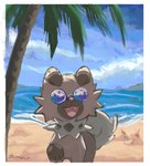 ambiguous_gender beach brown_body brown_fur eyewear fangs feral fur looking_at_viewer open_mouth palm_tree paws plant rail raised_leg sea solo sunglasses teeth tongue tree water dietranch nintendo pokemon canid canine generation_7_pokemon mammal pokemon_(species) rockruff sandygast 2024 absurd_res hi_res signature