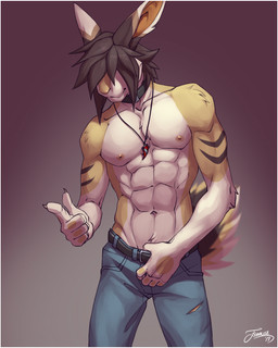 5_fingers abs anthro belt biped black_body black_fur black_hair black_tail border bottomwear brown_body brown_fur brown_tail claws clothed clothing collar denim denim_bottomwear denim_clothing fingers front_view fur gesture gradient_background grey_bottomwear grey_clothing grey_pants hair hair_over_eyes hand_gesture jeans jewelry male multicolored_body multicolored_fur multicolored_tail muscular muscular_anthro muscular_male navel necklace nipples pants pecs pendant pink_nipples pointing short_hair simple_background solo standing tail topless torn_clothing white_body white_border white_fur white_tail feralise kisagi_(character) hare lagomorph leporid mammal 2017 digital_media_(artwork) portrait signature three-quarter_portrait