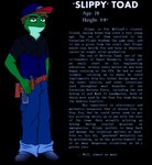 anthro biped brown_hair clothed clothing fully_clothed hair hand_on_hip hat headgear headwear multicolored_body simple_background text tool_belt two_tone_body fredryk_phox a_fox_in_space nintendo star_fox slippy_toad amphibian frog toad_(frog) 2011 archived_source english_text