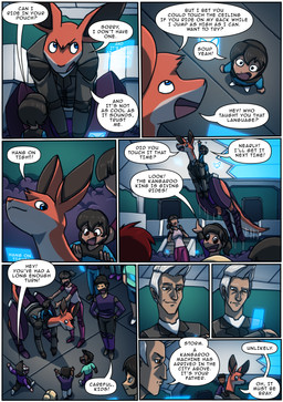 anthro armor biped black_hair blue_eyes crowd dialogue dialogue_box female fur group hair inside jumping larger_anthro larger_male male motion_lines red_body red_fur red_tail size_difference smaller_human smaller_male smaller_young smile speech_bubble tail text young young_human young_male kitfox-crimson in_our_shadow storm_(kitfox-crimson) human kangaroo macropod mammal marsupial 2026 absurd_res colored comic english_text hi_res