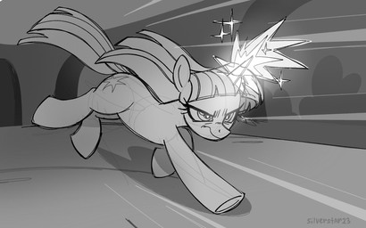 determined female feral glowing glowing_horn hallway hooves horn running scene_interpretation solo sparkles telekinesis underhoof windswept_hair silverstar23 friendship_is_magic hasbro my_little_pony mythology twilight_sparkle_(mlp) equid equine mammal mythological_creature mythological_equine unicorn hi_res monochrome
