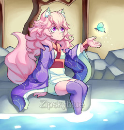 clothing female foot_in_water hair legwear pink_hair purple_clothing purple_legwear smile zipskyblue hanako_(zipskyblue) arthropod butterfly felid feline humanoid insect lepidopteran mammal