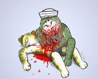 ^_^ anthro blood blue_briefs blue_clothing blue_underwear bodily_fluids briefs briefs_only clothed clothing corpse death duo eating eyes_closed gore grey_background grin hard_vore hat headgear headwear looking_at_viewer male simple_background smile teeth topless underwear underwear_only vore bravobunny aquatic fish full-length_portrait portrait