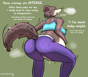 anthro blue_bra blue_clothing blue_eyes blue_sports_bra blue_underwear bodily_fluids bra brown_body brown_fur clothing crouching exercise female fur green_background leggings legwear low-angle_view pregnant pregnant_anthro pregnant_female purple_clothing purple_leggings purple_legwear simple_background solo sports_bra sweat sweaty_arms sweaty_body sweaty_face tail talking_to_self tan_body tan_fur text underwear workout obscureaccretion beastars mayternity mayternity_2026 juno_(beastars) canid canine canis mammal wolf 2026 absurd_res digital_drawing_(artwork) digital_media_(artwork) english_description english_text hi_res