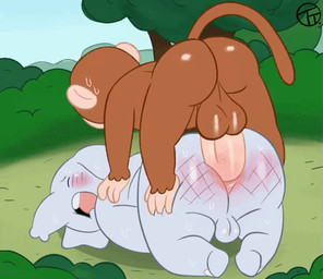 all_fours anal anal_penetration anthro anthro_on_anthro anthro_penetrated anthro_penetrating anthro_penetrating_anthro backsack ball_slap balls balls_deep big_balls blush bodily_fluids bouncing_balls bouncing_butt bouncing_penis brown_body butt detailed_background doggystyle duo erection eyes_closed from_behind_position genitals humanoid_genitalia humanoid_penis lying male male/male male_penetrated male_penetrating male_penetrating_male nude outside penetration penile penile_penetration penis penis_in_ass plant questionable_consent sex slap slightly_chubby slightly_chubby_anthro slightly_chubby_male spank_marks sweat tree trashtoonz elephant elephantid haplorhine mammal monkey primate proboscidean 2022 animated