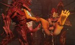 after_sex anthro balls bodily_fluids claws cum erection genital_fluids genitals group humanoid_genitalia humanoid_penis male male/male not_furry penis standing teeth trio outofnecessity demon unknown_species 3d_(artwork) digital_media_(artwork) hi_res